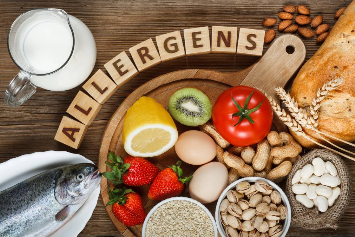 Several foods that cause allergies around the world on a table.