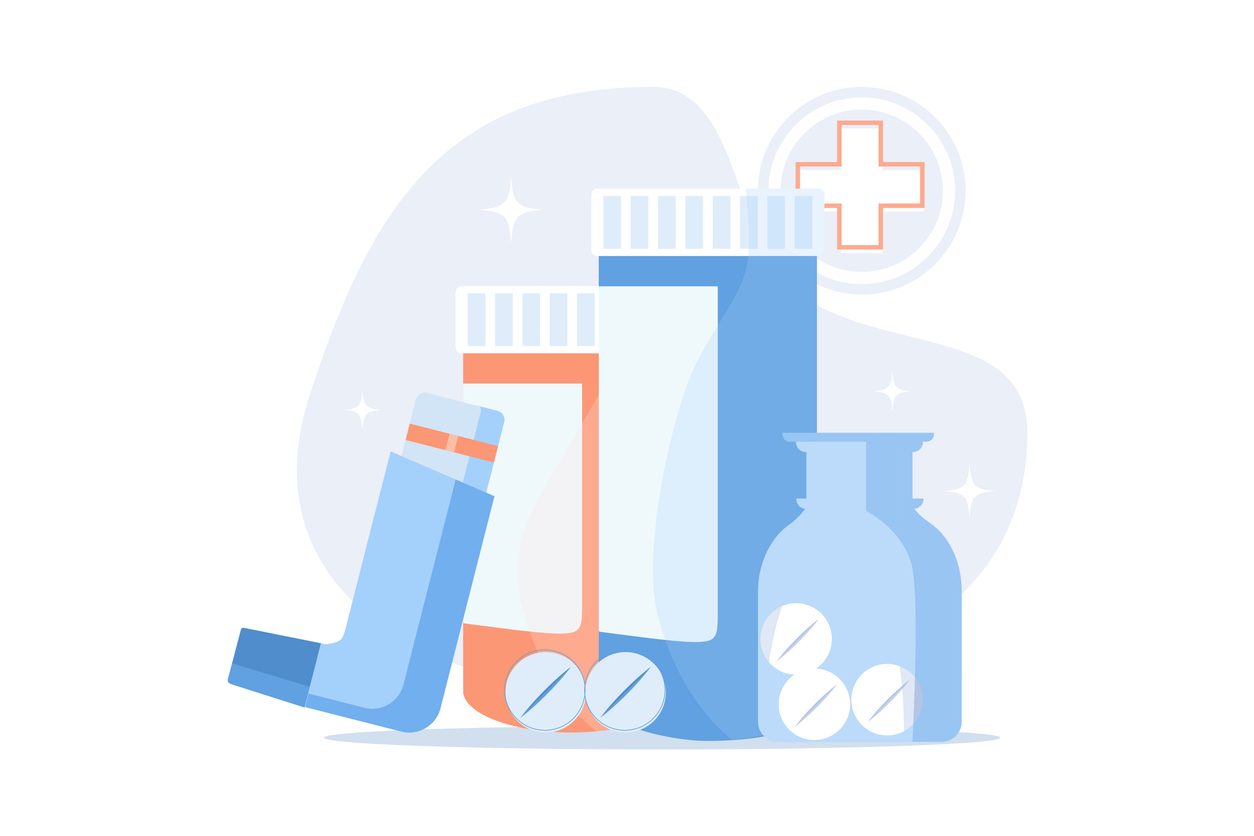 The illustration shows different medications to represent the potential need for medications to treat allergies