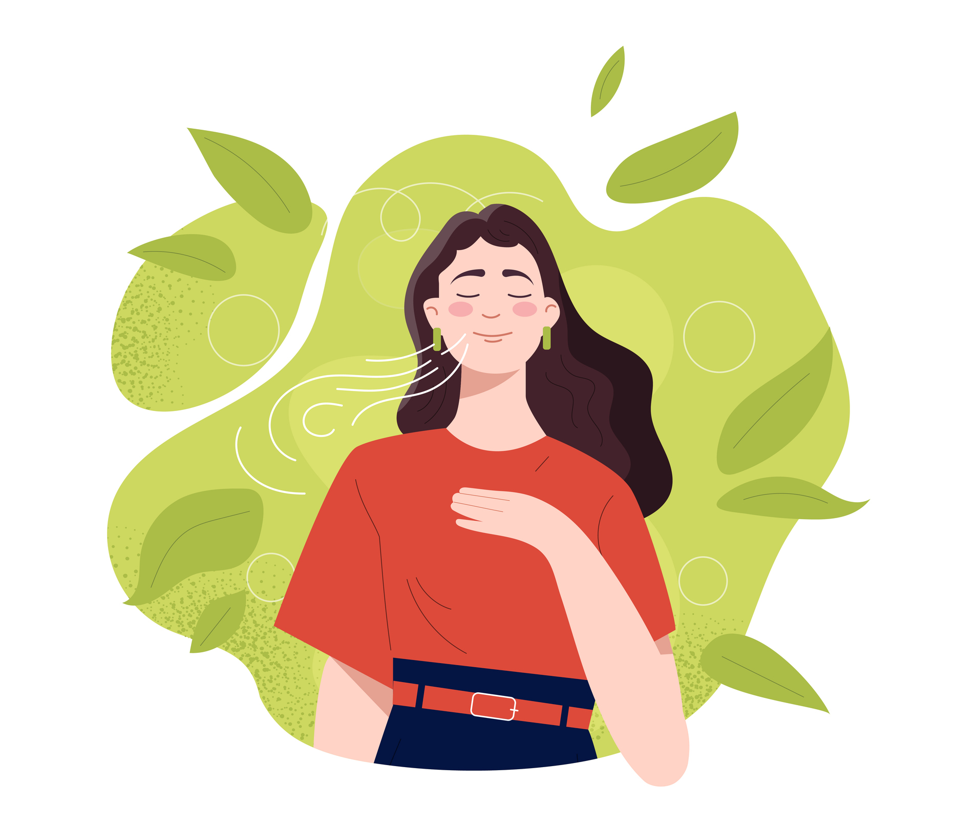 Illustration of a relaxed woman taking a deep breath, managing asthma.